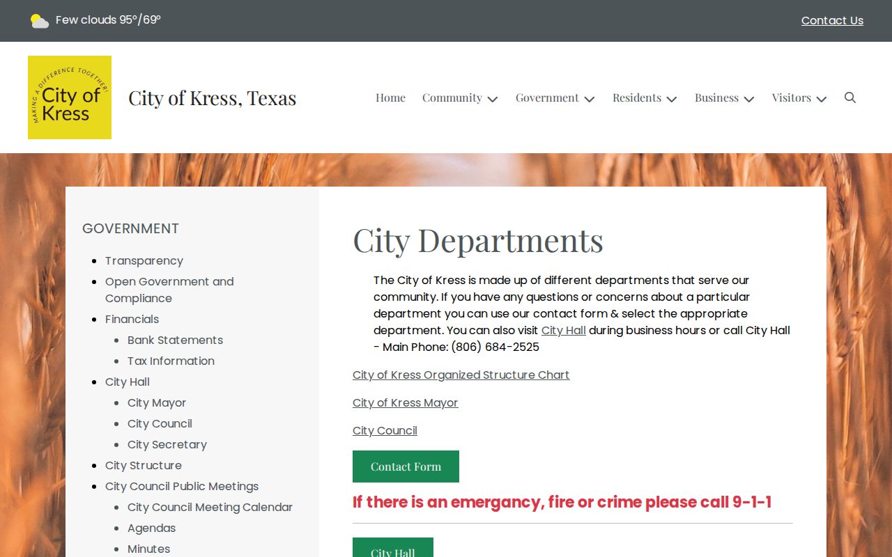 Kress city departments page showing the local record-routing context