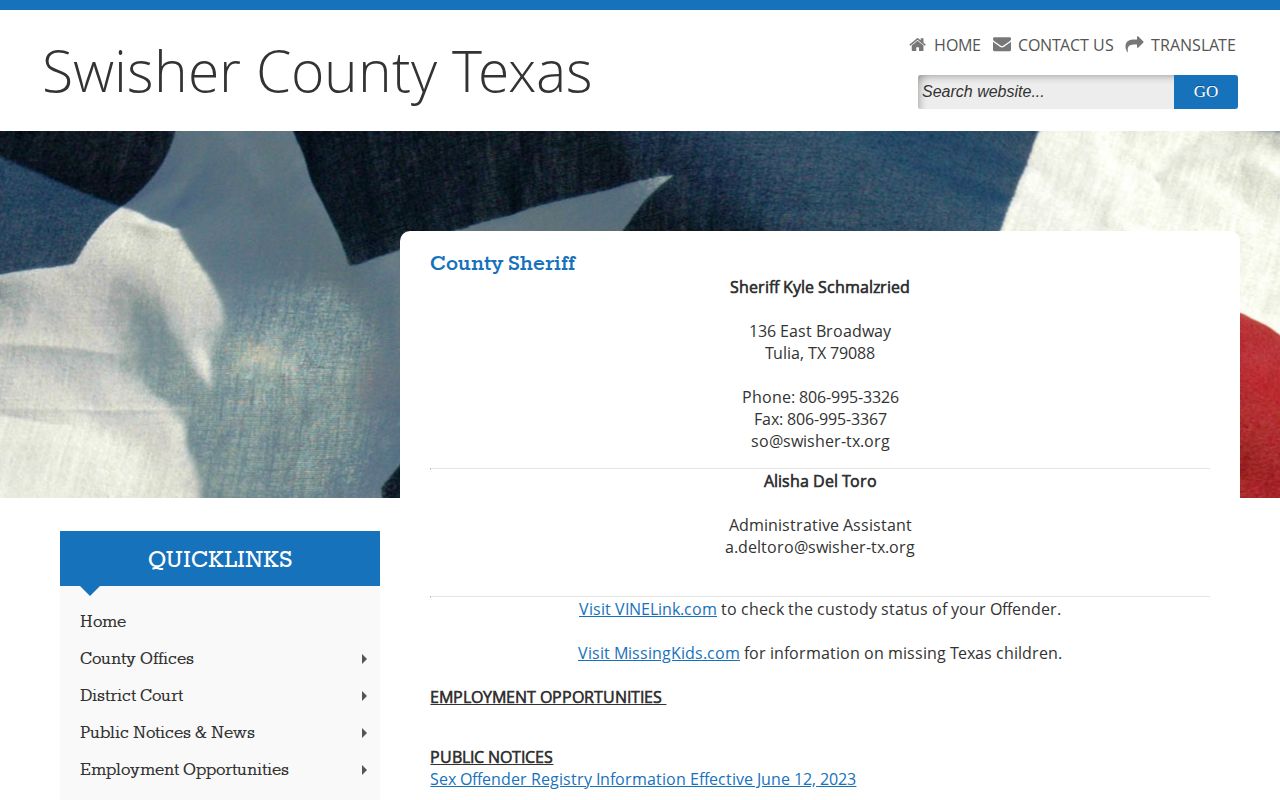 Swisher County sheriff custody record source